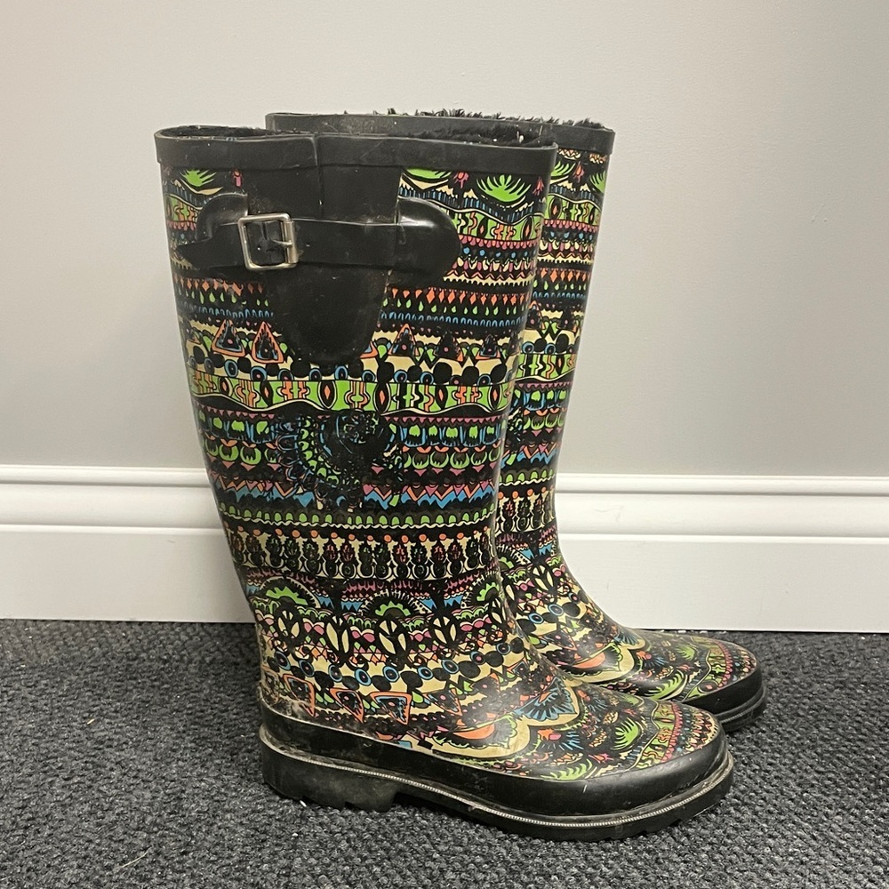 Sak Roots Peace Elephants Green Pink Rain Boots Womens Size 7